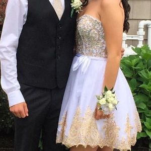 White and Gold Short Embellished Prom Dress